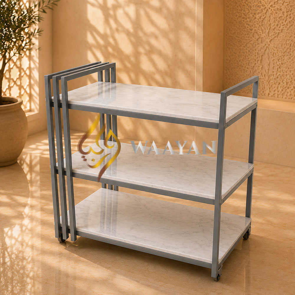 3‑Tier Marble Serving Trolley | Grey Metal Luxury Houseware Cart