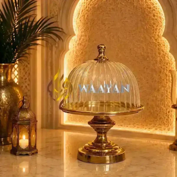 Gold Metal Cake Stand with Fluted Glass Dome Lid