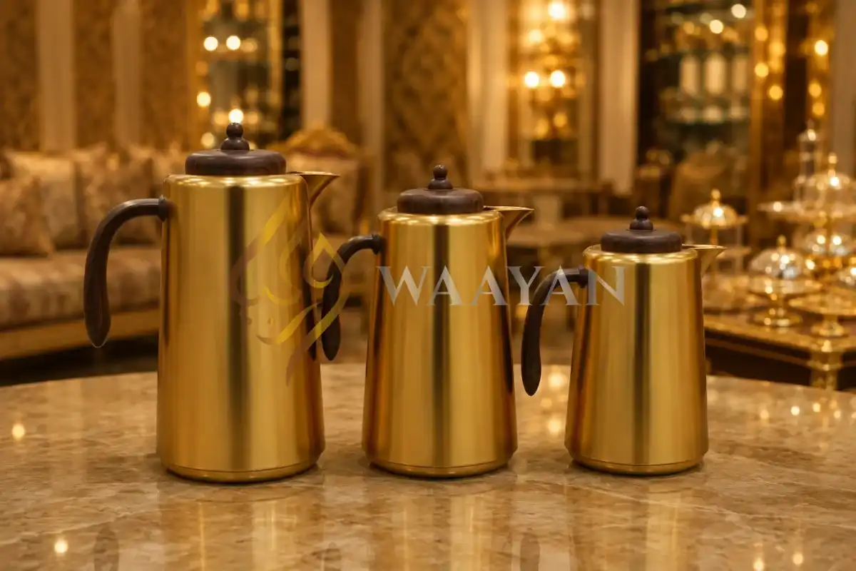 3‑Piece Gold and Wood Karak, Tea and Arabic Gahwa Flask Set