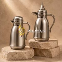 J4-1 Premium Brushed Silver Metallic Polymer Dallah Thermal Flask Set – (1L + 1L)