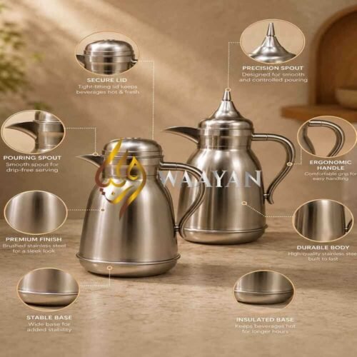 J4-5 Premium Brushed Silver Metallic Polymer Dallah Thermal Flask Set – (1L + 1L)