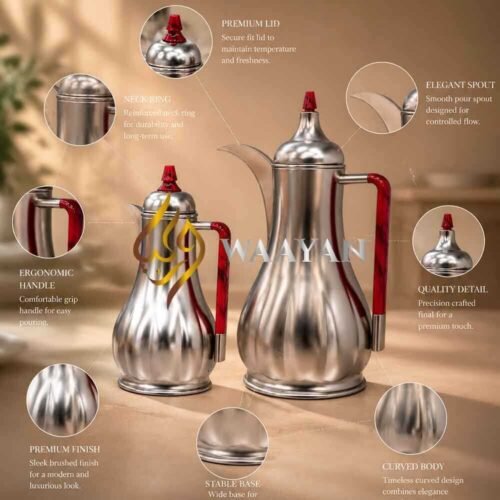 J5-1-2 Premium Brushed Silver Dallah Thermal Flasks Set - (1L + 1L)