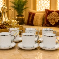 PWTS_4 (1) Luxury 12pc White and Silver Porcelain Tea Set (6 Cups & 6 Saucers)