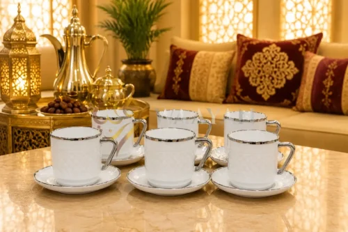 PWTS_4 (1) Luxury 12pc White and Silver Porcelain Tea Set (6 Cups & 6 Saucers)