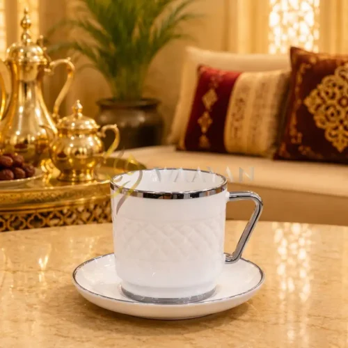 PWTS_4 (4) Luxury 12pc White and Silver Porcelain Tea Set (6 Cups & 6 Saucers)