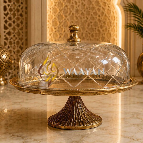 Antique Gold Metal Cake Stand with Glass Dome