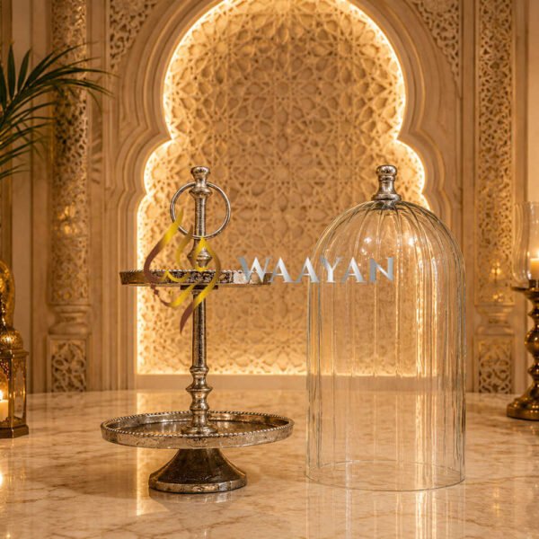 Silver 2-Tier Cake Stand with Glass Dome Lid