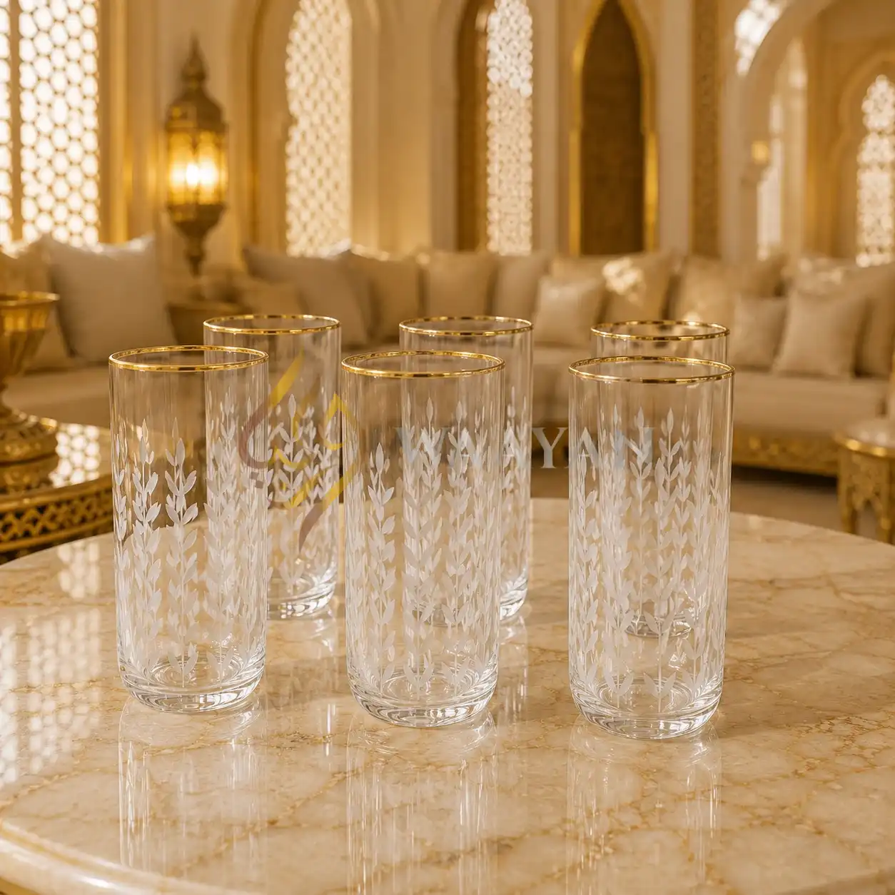 Elegant glass tumblers with intricate leaf patterns, featuring gold trim for a sophisticated touch. Perfect for any occasion.