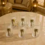 Set of clear glass tumblers with green rim and palm tree print
