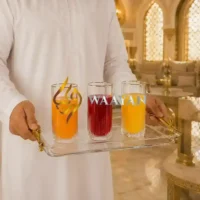 close-up of textured clear glass cups for Arabic coffee