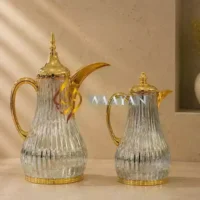 Premium 2-Piece Glass and Gold Thermal Flask Set (1L + 1L) – Clear Fluted Glass