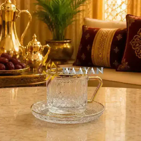 CIC1 (4) Luxury 12pc Crystal Glass Istikan Tea Set (6 Cups and 6 Saucers) with Gold Trim