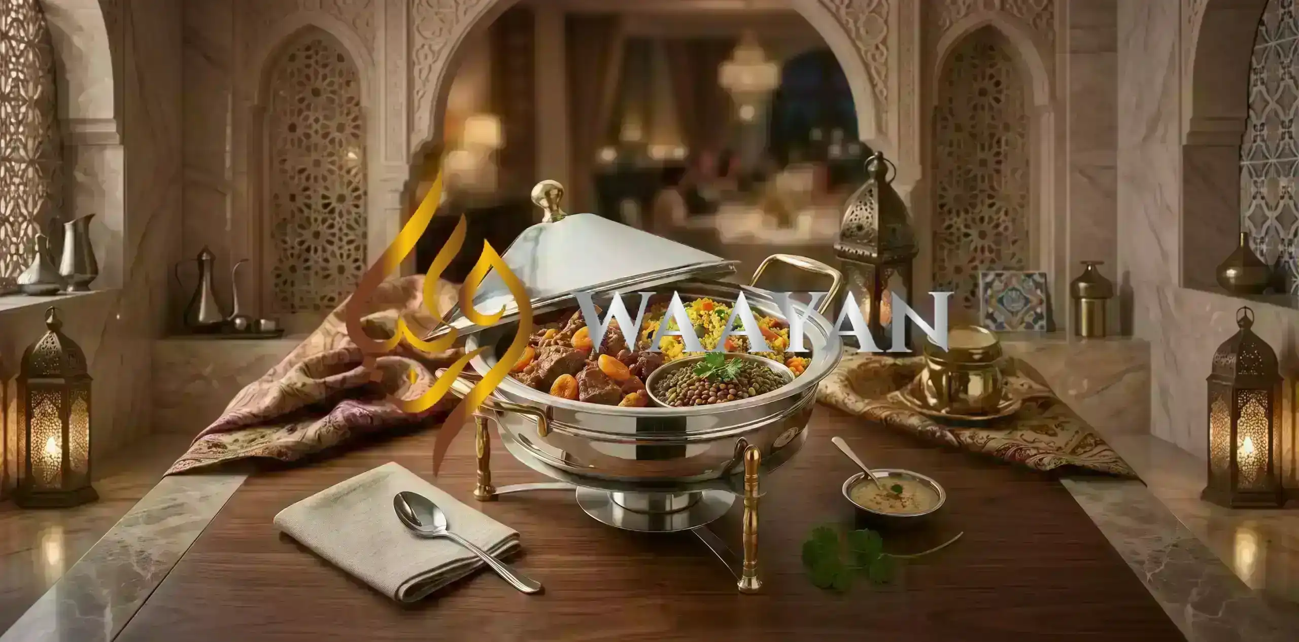 Stainless steel round chafing dish with domed lid, gold-tone handles and legs, on a warming stand, polished finish.