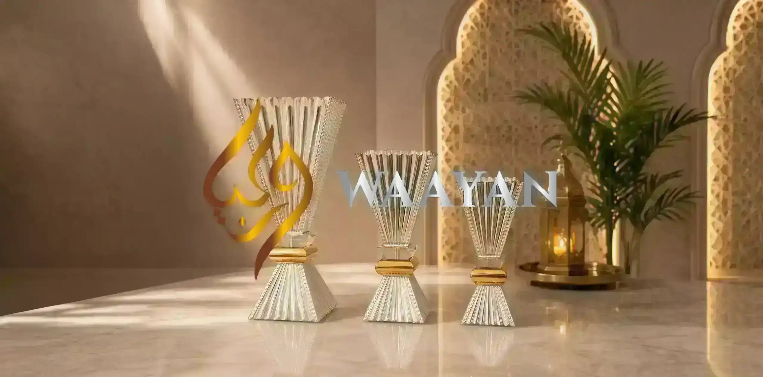 Set of three ribbed crystal incense burners with clear glass, gold center band, flared scalloped top and pyramid base
