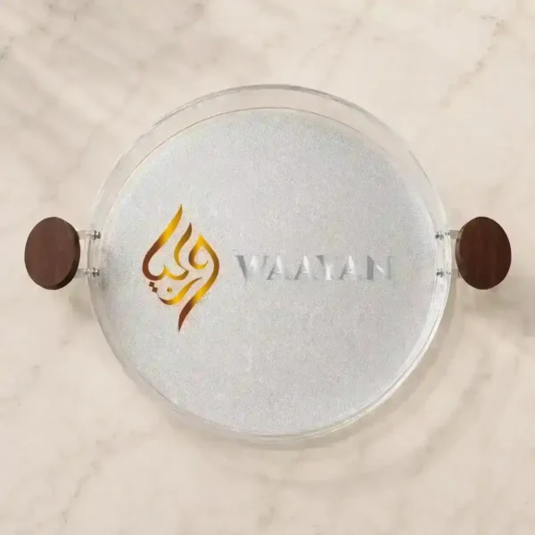 Modern Round Acrylic Serving Tray with Wooden Handles (XL, L Sizes)