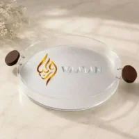 PAST21 (6) Modern Round Acrylic Serving Tray with Wooden Handles (XL, L Sizes)