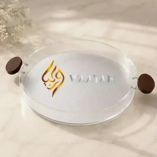 PAST21 (6) Modern Round Acrylic Serving Tray with Wooden Handles (XL, L Sizes)