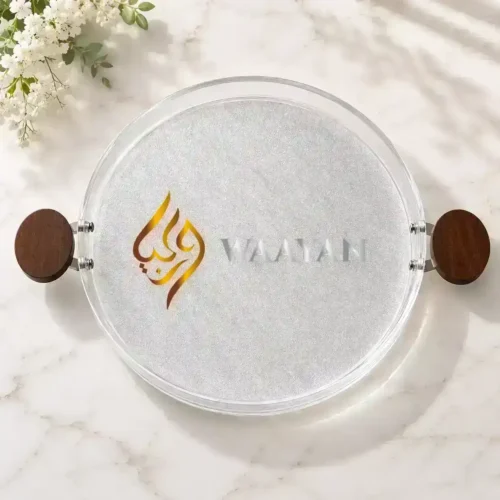 PAST22 Modern Round Acrylic Serving Tray with Wooden Handles (XL, L Sizes)