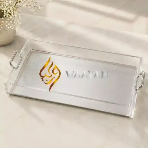 PASTSH19 (1) Premium Acrylic Serving Tray (L & M Sizes) | Clear Rectangular Design with Silver Handles