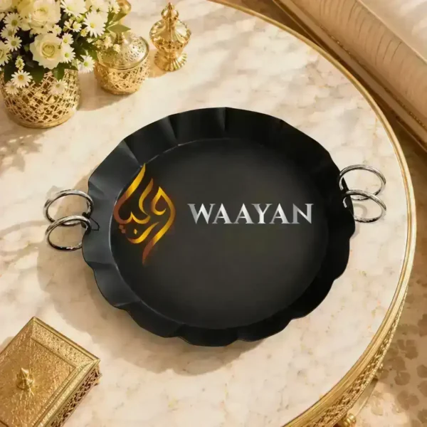 Modern Round Matte Black Stainless Steel Serving Tray with Silver Ring Handles