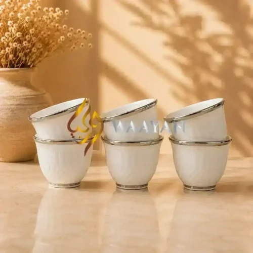 12-Piece Fine White Porcelain Cawa Cup Set with Silver Rims