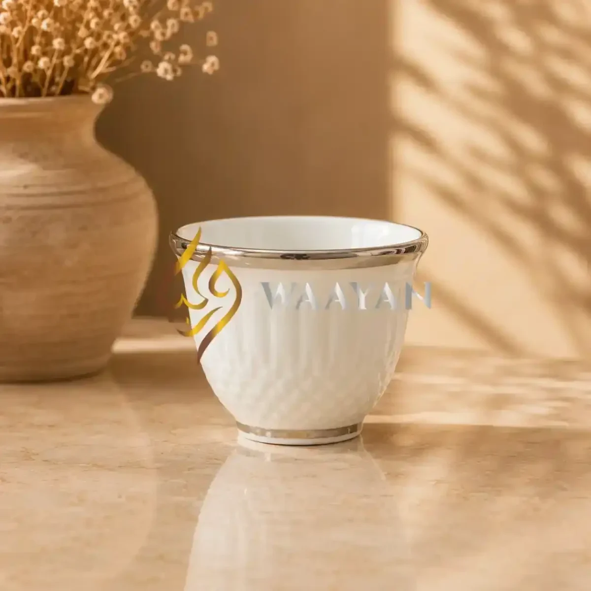12-Piece Fine White Porcelain Cawa Cup Set with Silver Rims