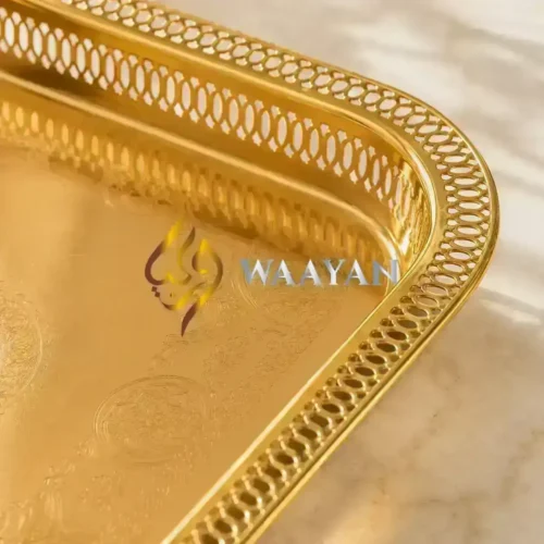 Luxury Engraved Gold Stainless Steel Serving Tray with Lattice Rim