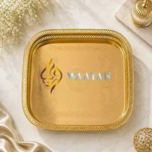Luxury Engraved Gold Stainless Steel Serving Tray with Lattice Rim