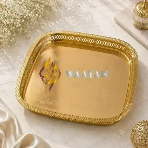 Luxury Engraved Gold Stainless Steel Serving Tray with Lattice Rim