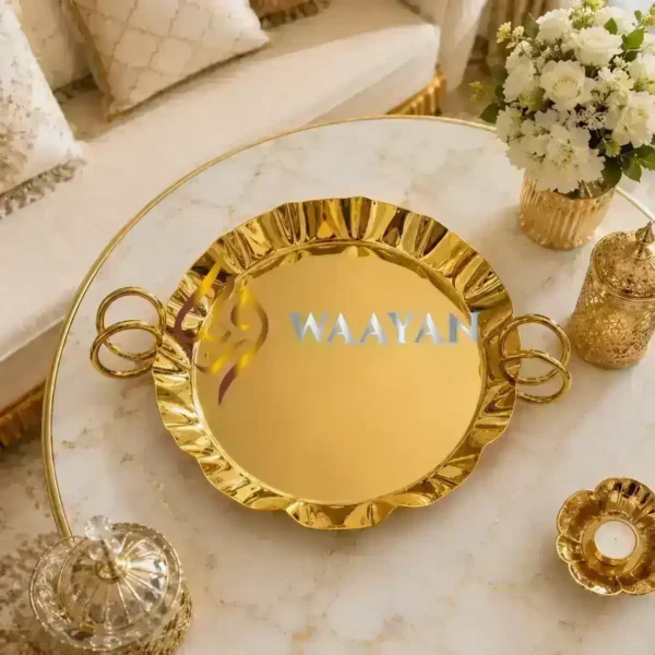 PGRST25 (5) Premium Gold Serving Tray | Round Scalloped Design with Double Ring Handles