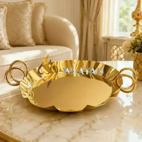 Premium Gold Serving Tray | Round Scalloped Design with Double Ring Handles