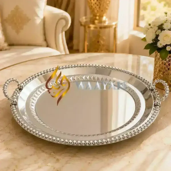 Premium Silver Serving Tray Set (3 PCS) | Round Beaded Rim and Elegant Handles