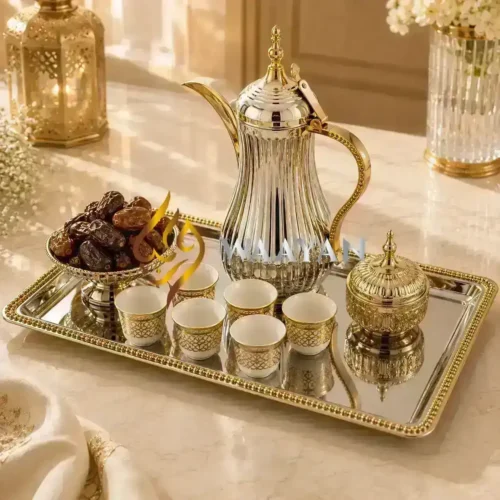 PSGMSTR14 (3) Premium Silver Serving Tray with Gold Beaded Border | Elegant Luxury Tableware