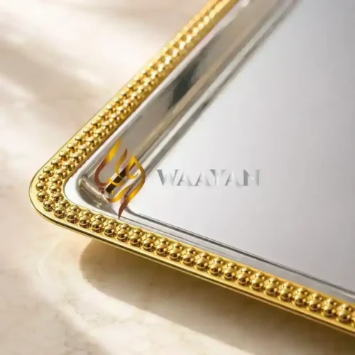 PSGMSTR14 (4) Premium Silver Serving Tray with Gold Beaded Border | Elegant Luxury Tableware