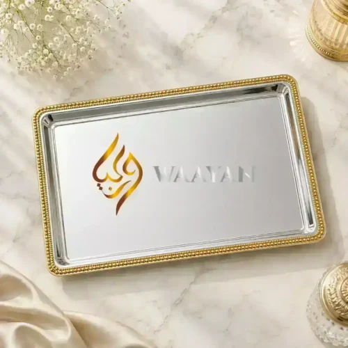 PSGMSTR14 (5) Premium Silver Serving Tray with Gold Beaded Border | Elegant Luxury Tableware