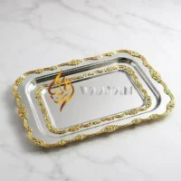 Luxury Silver Stainless Steel Serving Tray with Gold Floral Rococo Rim