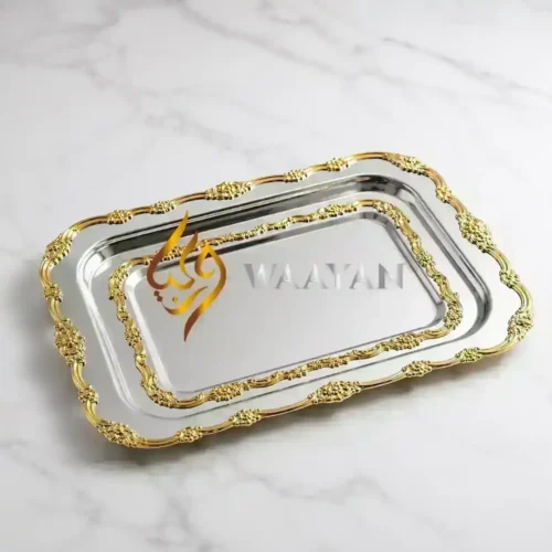 Luxury Silver Stainless Steel Serving Tray with Gold Floral Rococo Rim