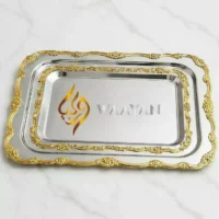 Luxury Silver Stainless Steel Serving Tray with Gold Floral Rococo Rim