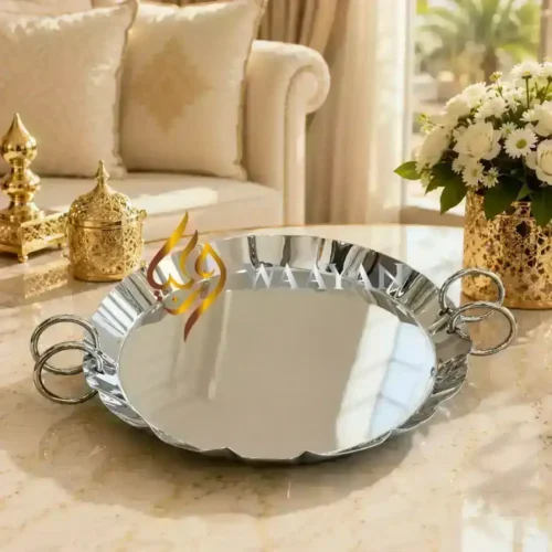 PSMST27 (5) Premium Silver Serving Tray | Round Scalloped Design with Double Ring Handles
