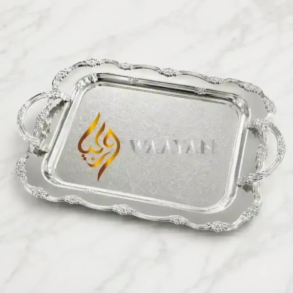 Luxury Engraved Silver Stainless Steel Serving Tray with Handles and Floral Rim