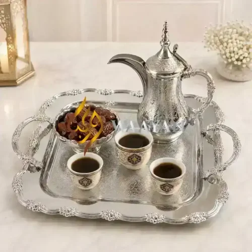 PSSSSTRH24 (4) Luxury Engraved Silver Stainless Steel Serving Tray with Handles and Floral Rim