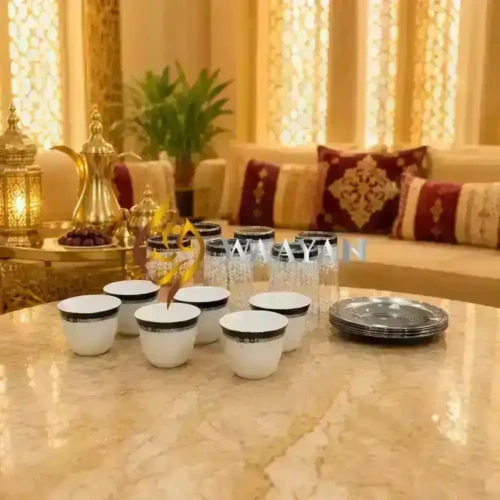 TC6PS (3) 18-Piece White and Black Porcelain Cawa and Tea Glass Set with Saucers