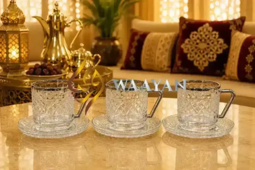 Luxury 12pc Crystal Glass Istikan Tea Set (6 Cups and 6 Saucers) with Silver Trim