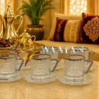 Luxury 12pc Crystal Glass Istikan Tea Set (6 Cups and 6 Saucers) with Silver Trim