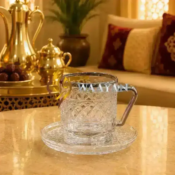 WCM1 (4) Luxury 12pc Crystal Glass Istikan Tea Set (6 Cups and 6 Saucers) with Silver Trim