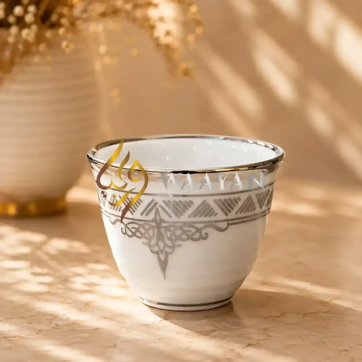 12-Piece Porcelain Cawa Cup Set with Silver Arabian Geometric Patterns