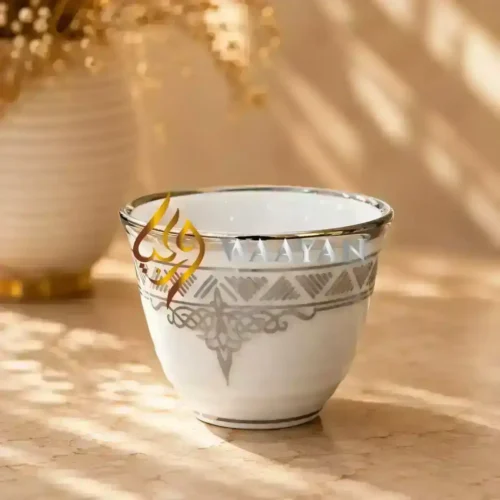WGASPCCS126 (4) 12-Piece Porcelain Cawa Cup Set with Silver Arabian Geometric Patterns