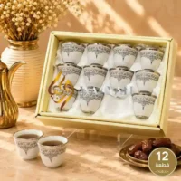 WGASPCCS126 (5) 12-Piece Porcelain Cawa Cup Set with Silver Arabian Geometric Patterns