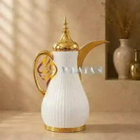 WGFS1+1 (5) Premium 2-Piece Metal and Glass Thermal Flask Set (1L + 1L) – White and Gold