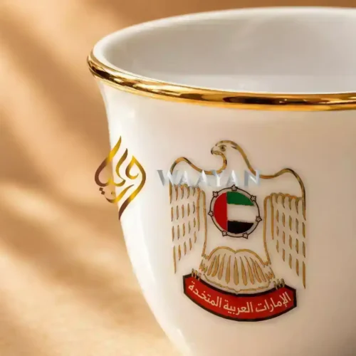 WGPCCSUE21 (3) Premium 12‑Piece UAE Emblem Porcelain Cawa Cup Set with Gold Rim